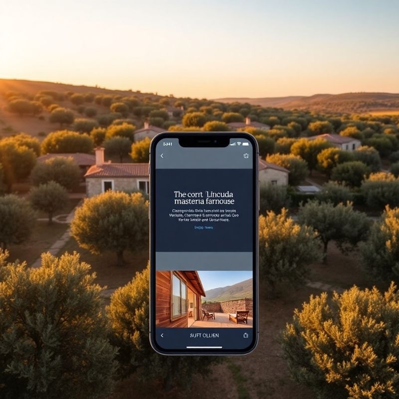 Vista aerea di masseria salentina al tramonto con mobile e sito multilingue