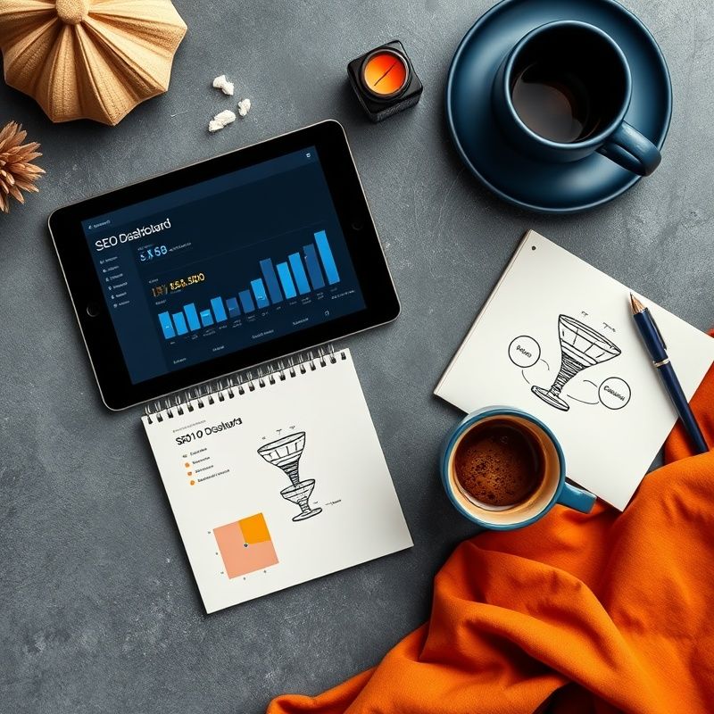 Flat-lay di strumenti di agenzia digitale: tablet con dashboard SEO, notebook e caffè