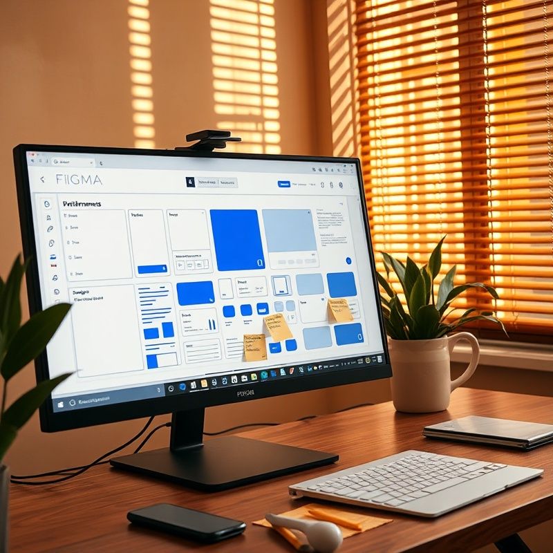 Wireframe Figma su monitor con elementi UI indigo in uno studio di design